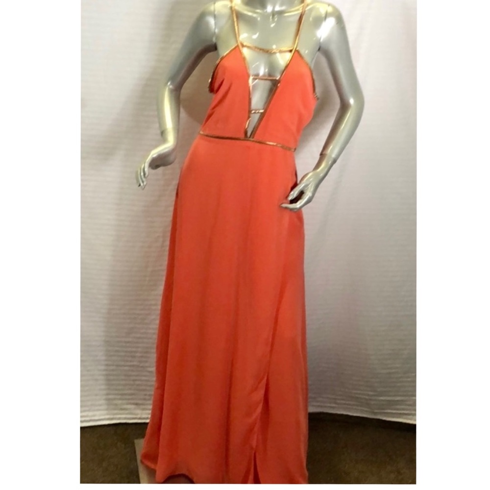 Sheri Bodel Coral Maxi Dress.. Embellished w/ Gold Chains Size 6 & 8 New w/ Tag